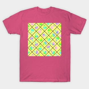 Window Pane Diagonal Floral Black Line on Yellow T-Shirt